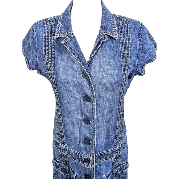 Vintage Y2K Old Navy Denim Shirt Dress Size 14 Short Sleeve Pockets Drop Waist - Picture 3 of 9